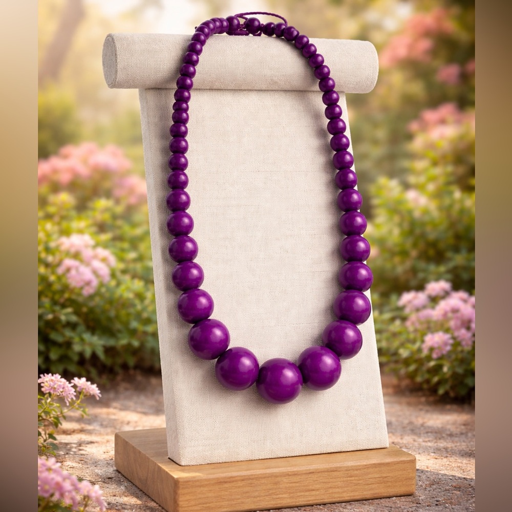 Wooden Bead led Necklace Purple Graduated Polished Pull String Handmade Vintage
